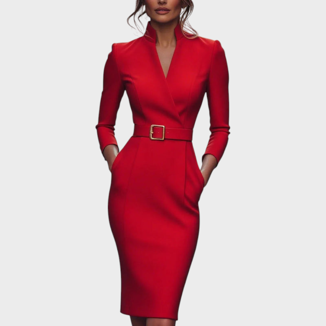 Tricia | Εκλεπτυσμένο Μαύρο Φόρεμα με Ζώνη και Μανδαρινό Γιακά