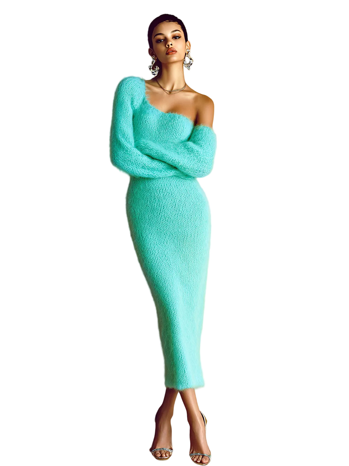 Kim - Κομψό Μονόχρωμο Μάξι Πλεκτό Bodycon Φόρεμα από Μοχέρ με έναν Ώμο και Μακρύ Μανίκι Φανάρι (Stylish Solid Color Mohair One-Shoulder Long Lantern Sleeve Bodycon Knit Maxi Dress)