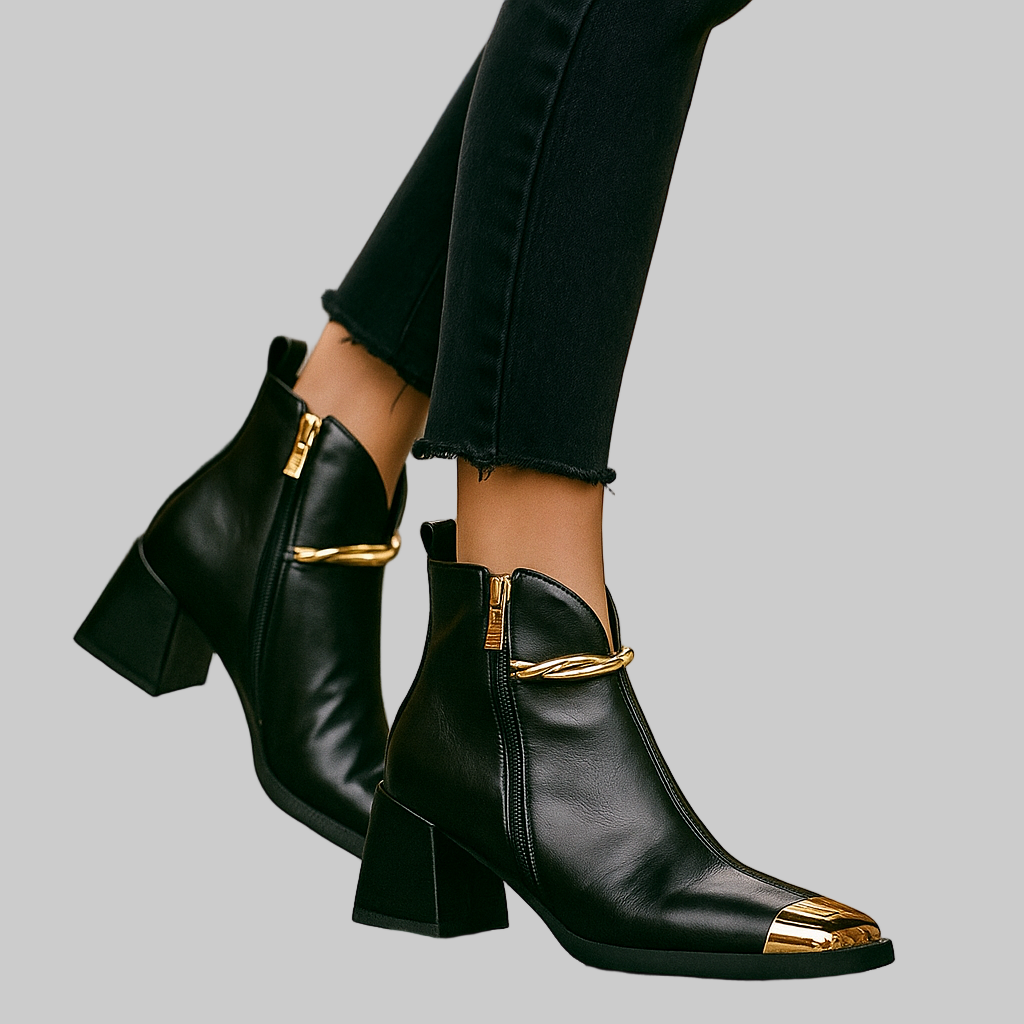 Γυναικεία δερμάτινα τακούνια Orovia με χρυσές λεπτομέρειες
