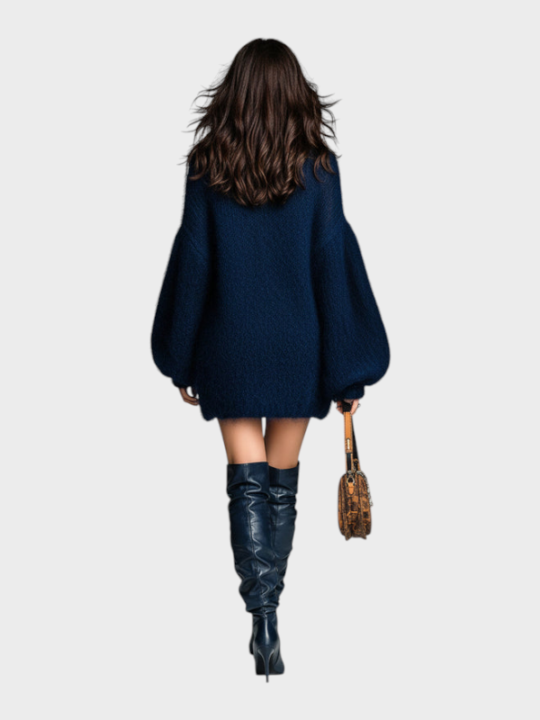 Franziska | Κομψό, κομψό, ναυτικό μπλε, με ψηλό γιακά, oversized, μακριά μανίκια, μίνι φόρεμα από πλεκτό μοχέρ