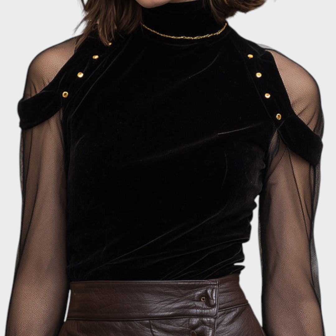 Angely | Μαύρη Βελούδινη Μπλούζα με Δίχτυ και Λεπτομέρειες Χρυσών Στυλ