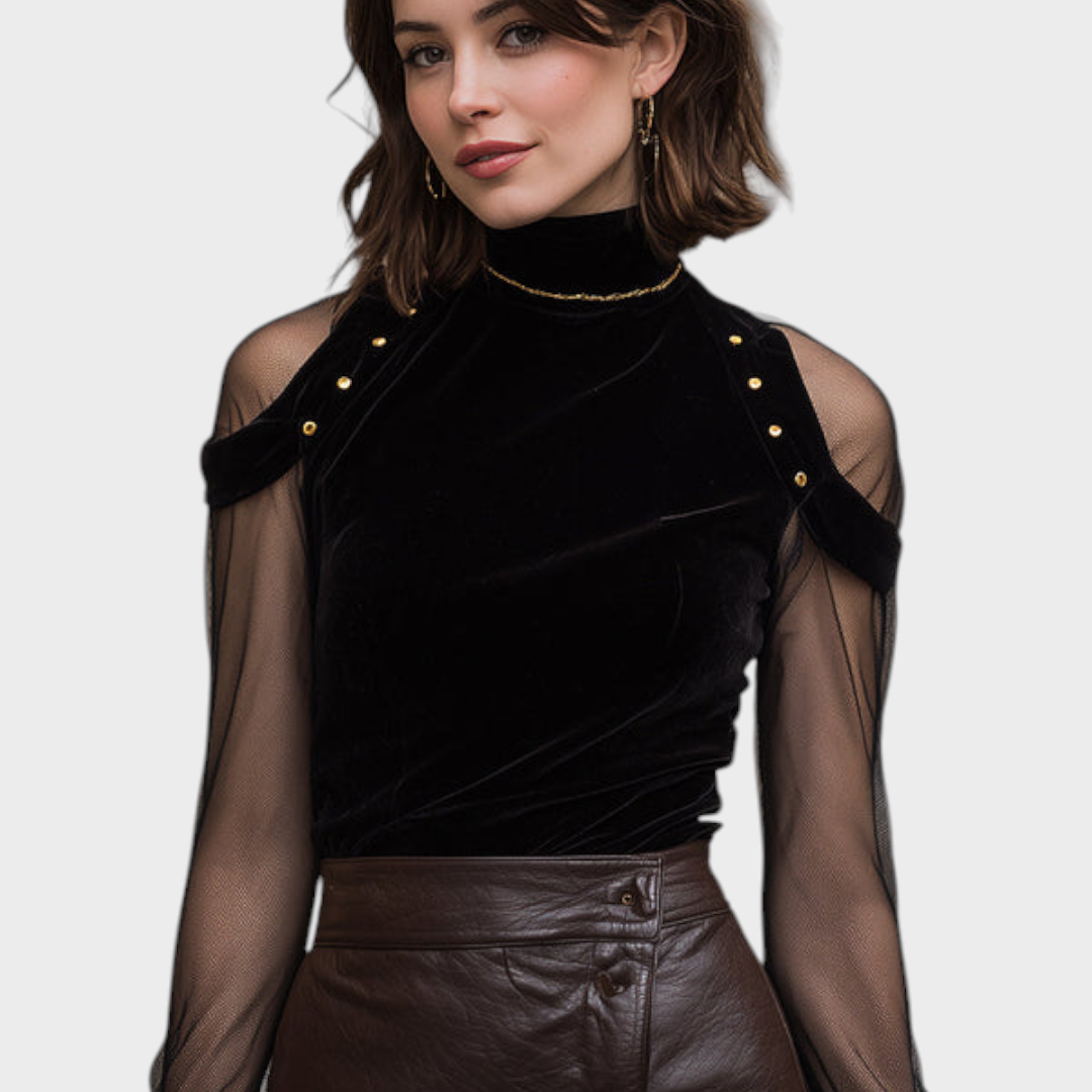 Angely | Μαύρη Βελούδινη Μπλούζα με Δίχτυ και Λεπτομέρειες Χρυσών Στυλ