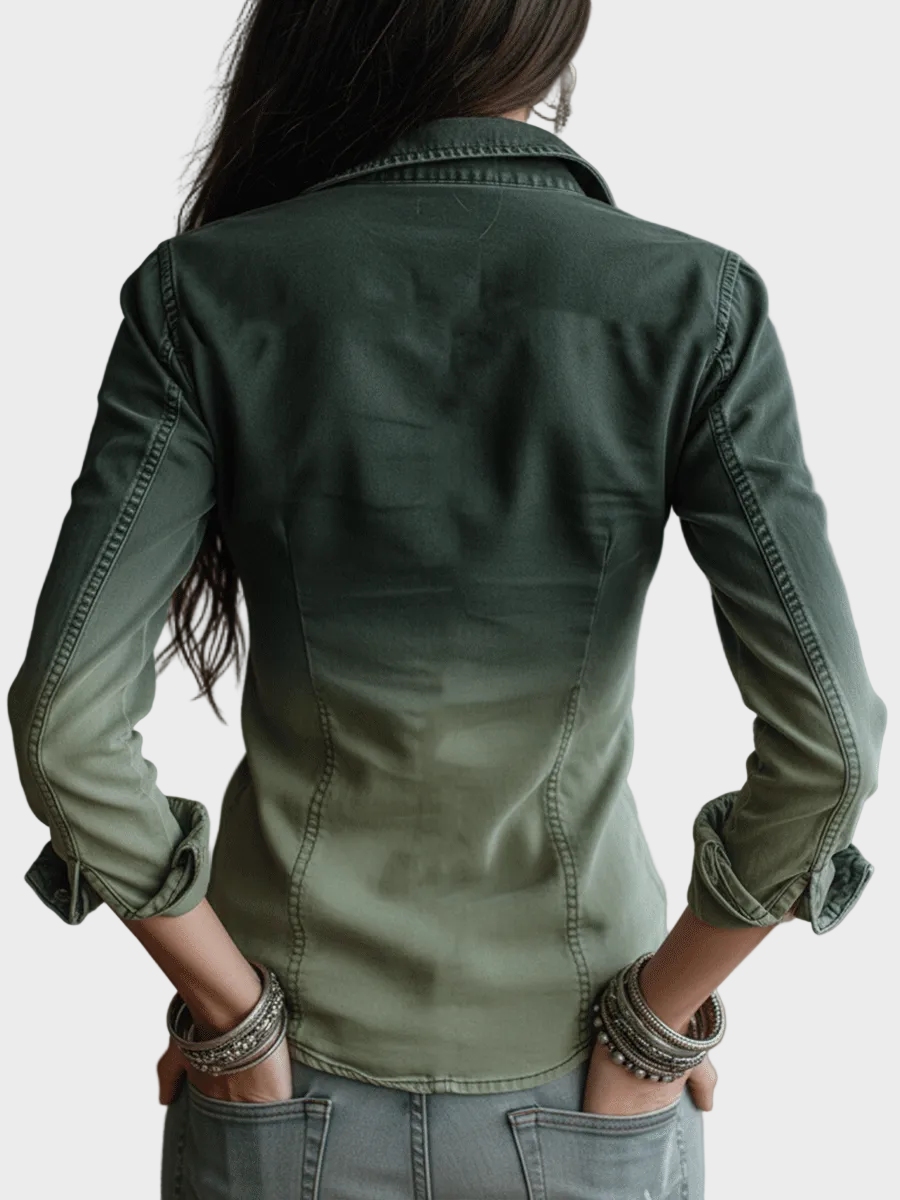 Zulu | Casual Πράσινη Ντεγκραντέ Denim Μπλούζα με Φερμουάρ και Τσέπες Workwear