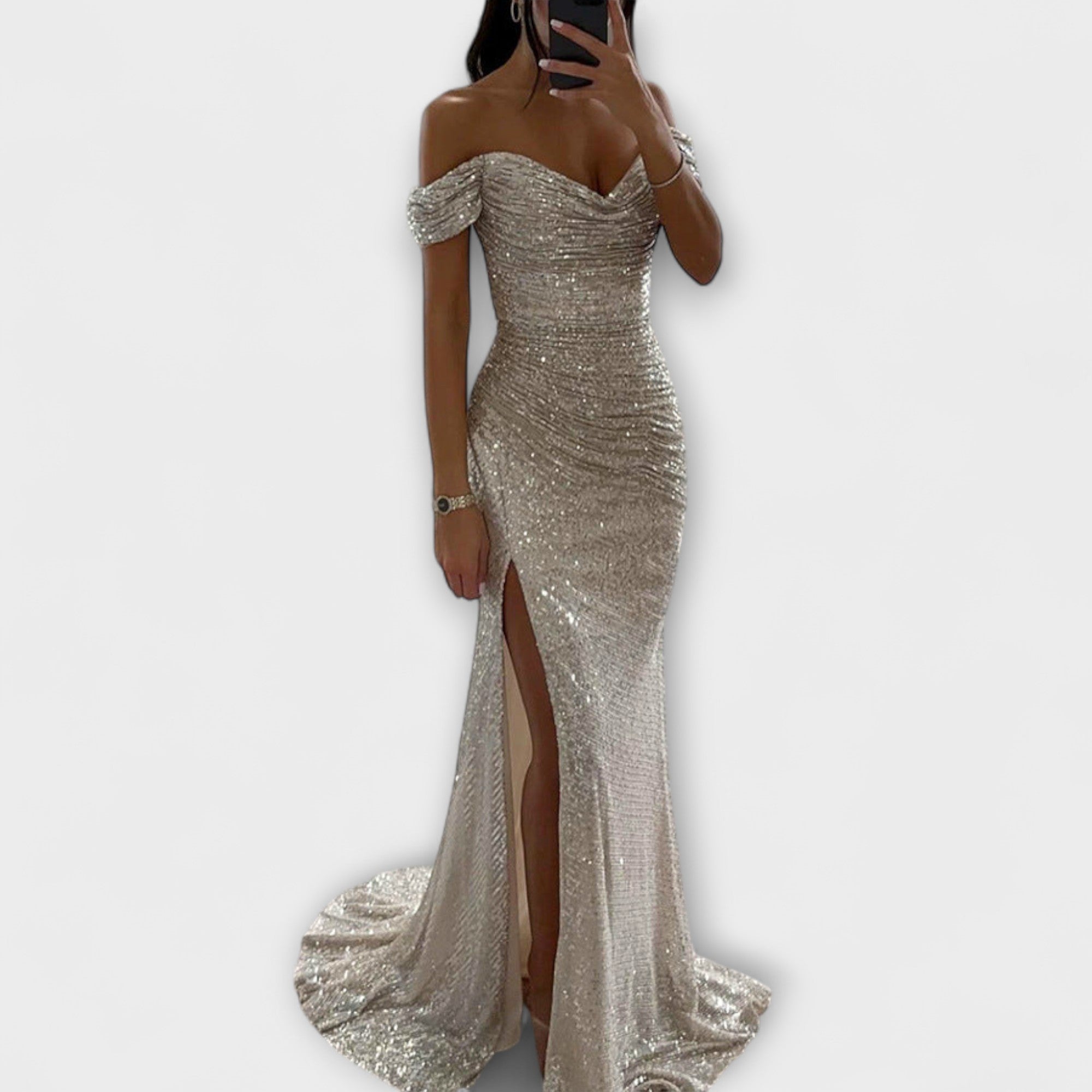 Καλοκαιρινό Βραδινό Φόρεμα — Στράπλες Μάξι με Glitter και Σκίσιμο για Γάμους & Πάρτι