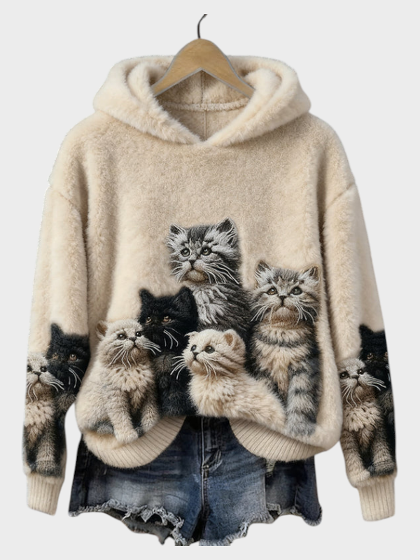 Erica | Όμορφα Γούνινα Γατάκια Τέχνη Άνετη Μαλακή Μπλούζα με Κουκούλα