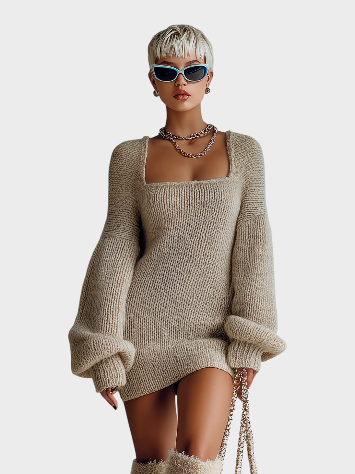 Divina | Καθημερινό Vintage Ανοιχτό Καφέ Τετράγωνο Λαιμό Κοντό Πλεκτό Φόρεμα με Φουσκωτά Μανίκια