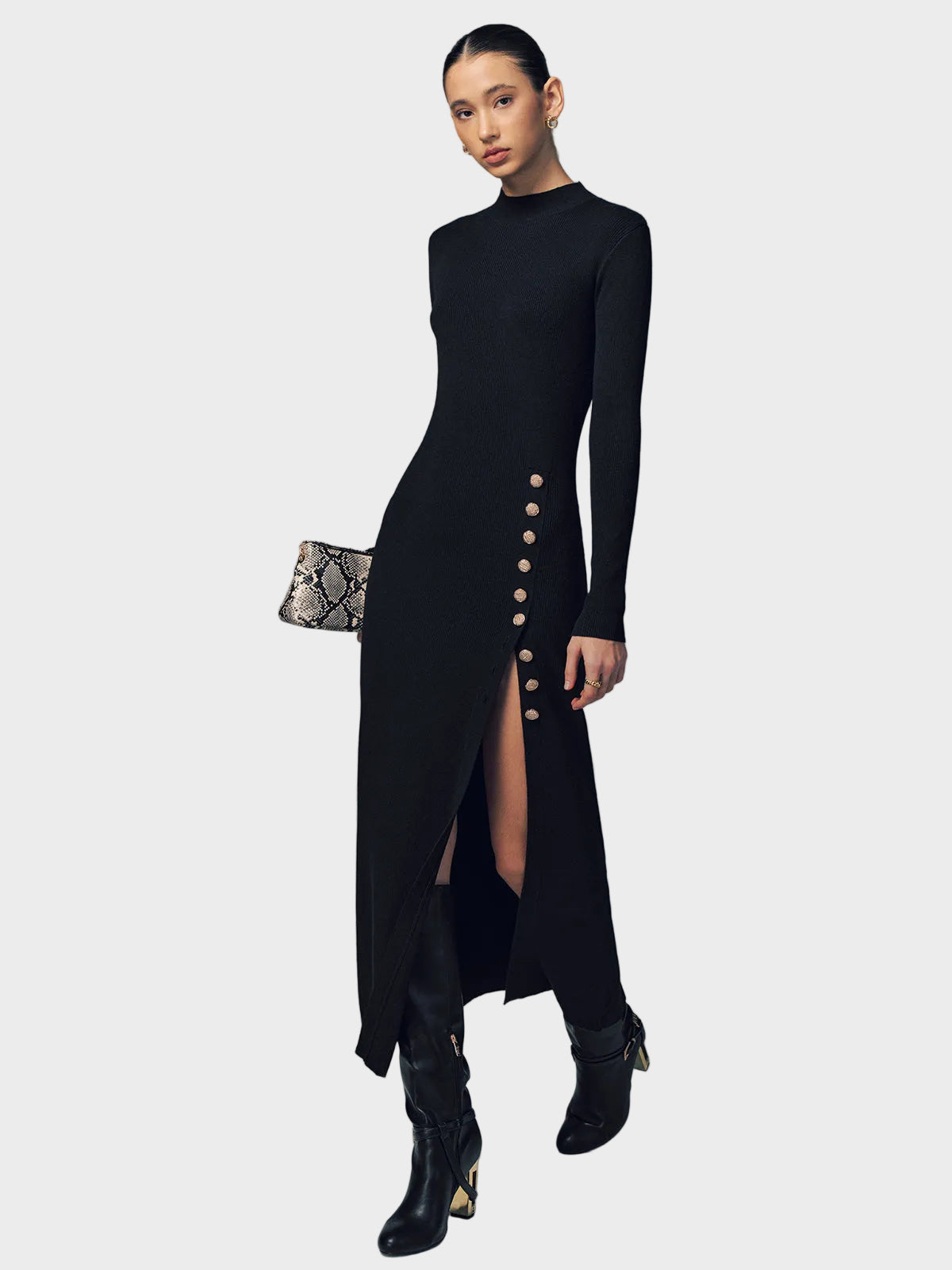 Emma| Μάξι Ριμπ Πλεκτό Φόρεμα με Κουμπιά στο Πλάι και Σκίσιμο