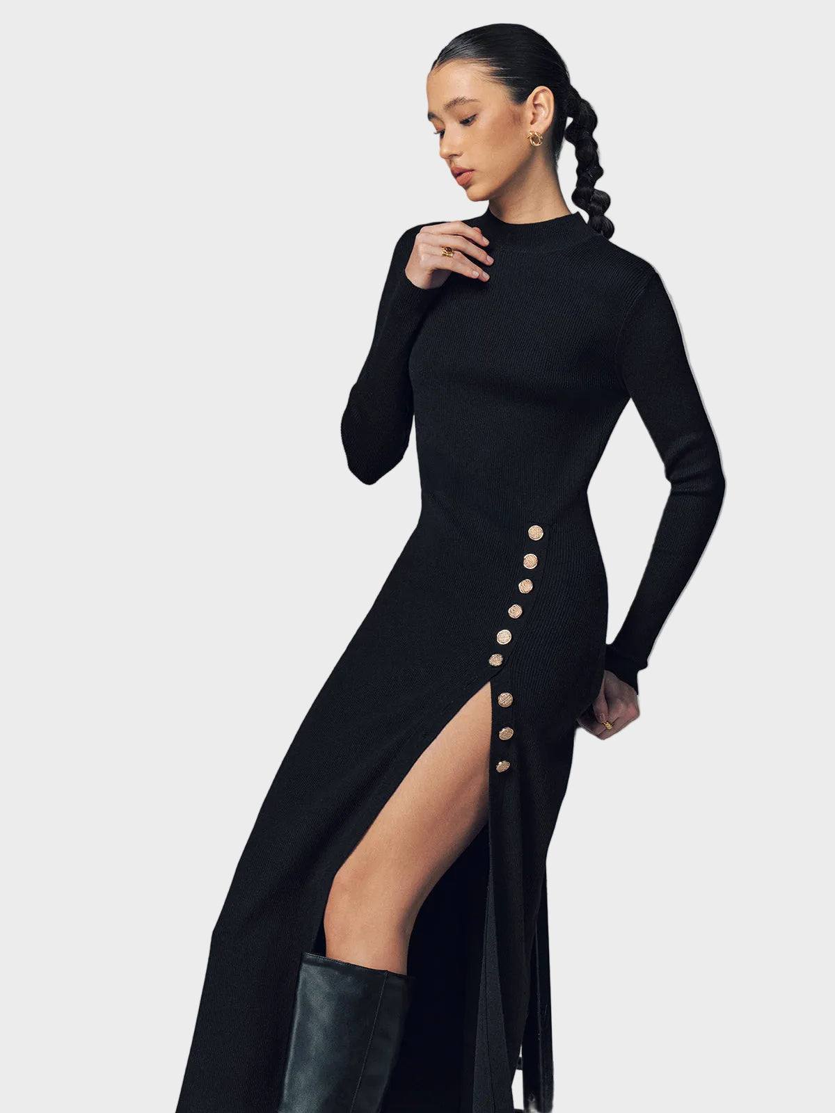 Emma| Μάξι Ριμπ Πλεκτό Φόρεμα με Κουμπιά στο Πλάι και Σκίσιμο