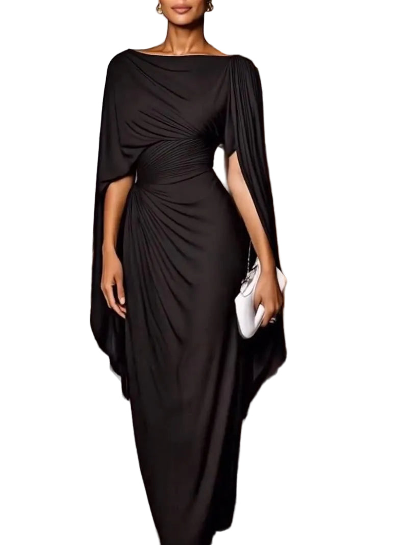 Helga - Κομψό Μάξι Φόρεμα με Ντραπέ Μανίκια Κάπα (Elegant Draped Cape Sleeves Maxi Dress)