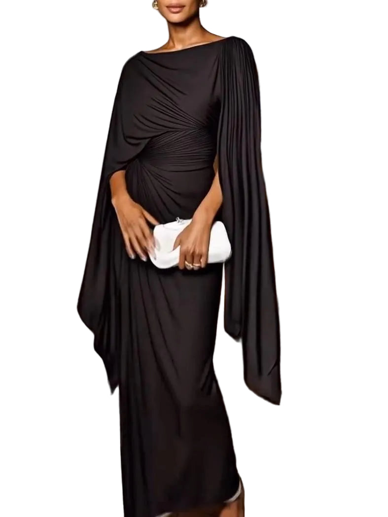 Helga - Κομψό Μάξι Φόρεμα με Ντραπέ Μανίκια Κάπα (Elegant Draped Cape Sleeves Maxi Dress)