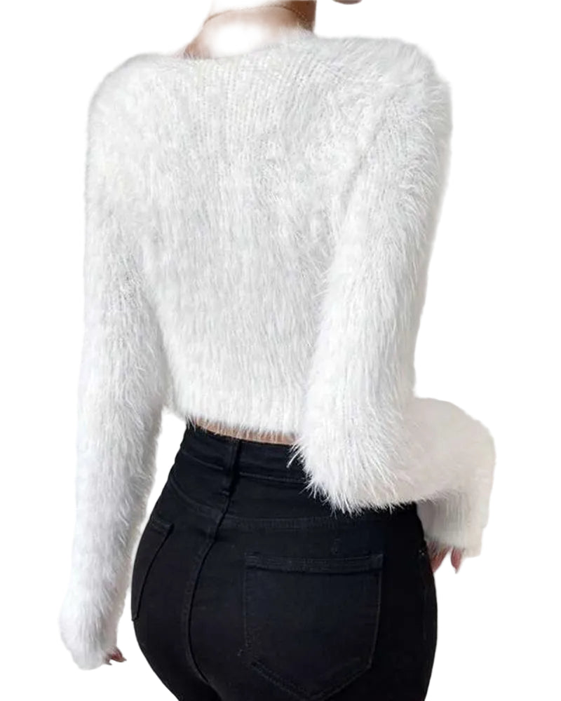 Anya |Casual Χνουδωτό Πλεχτό Πουλόβερ με Λαιμόκοψη V (Casual Fuzzy V-Neck Knit Sweater)