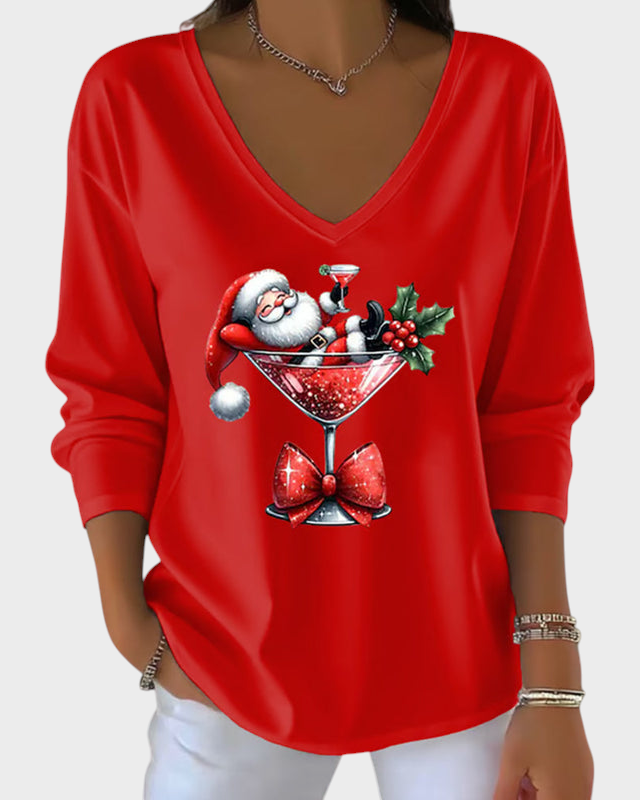 Odette | Χαλαρή Μπλούζα με V-λαιμό και Χριστουγεννιάτικο Μοτίβο με Ποτήρι Κρασιού