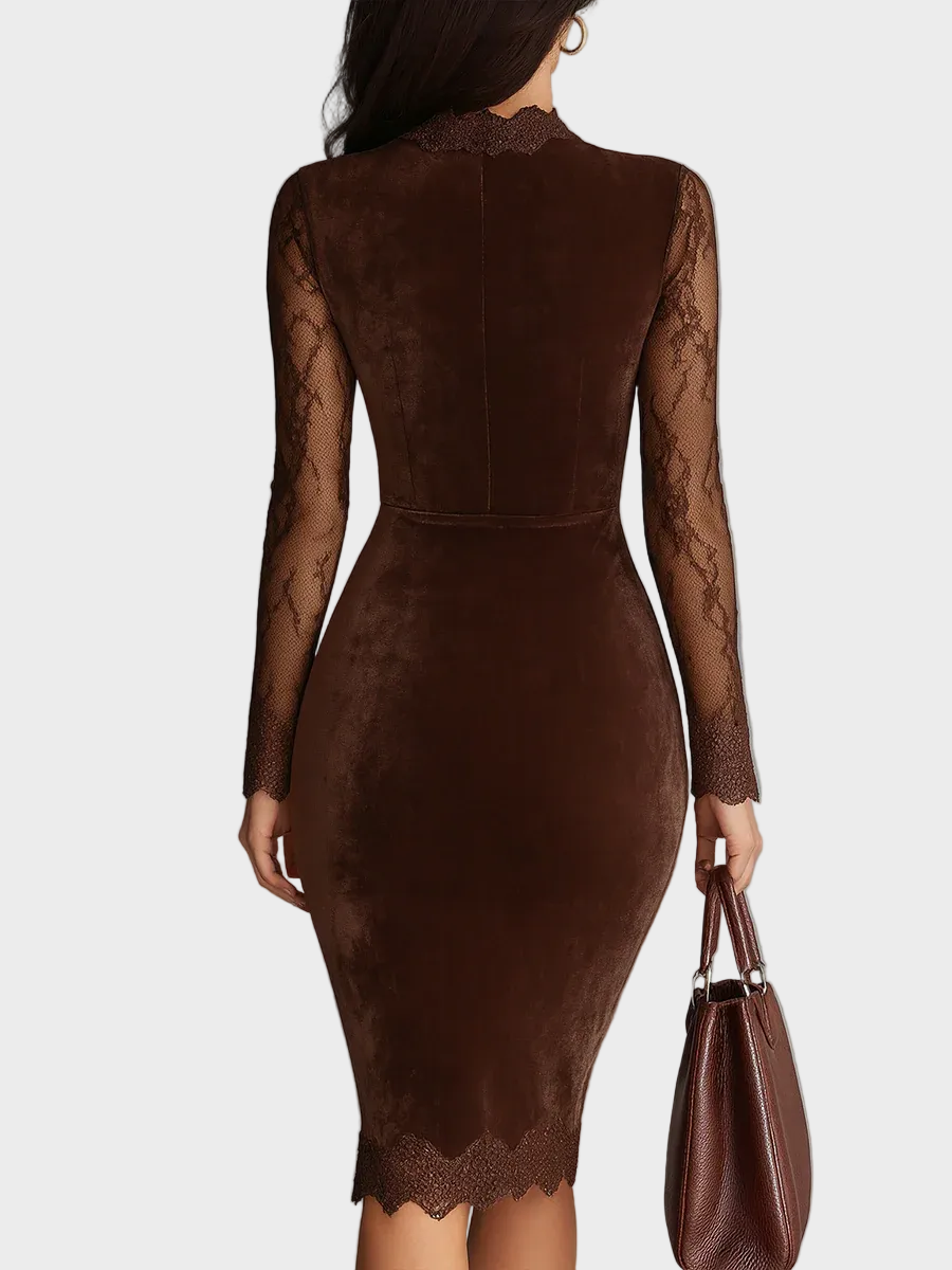 Rachel | Vintage Καφέ Βελούδινο Μίνι Φόρεμα με Άνοιγμα στο Ντεκολτέ και Δαντελένια Μανίκια