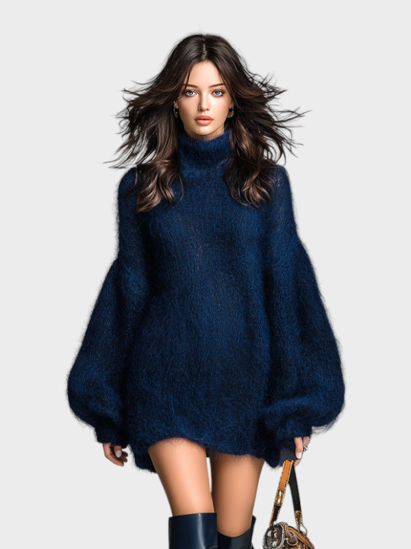 Franziska | Κομψό, κομψό, ναυτικό μπλε, με ψηλό γιακά, oversized, μακριά μανίκια, μίνι φόρεμα από πλεκτό μοχέρ