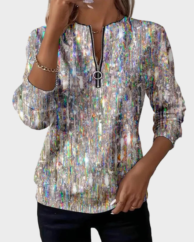 Linda | Στάμπα Φούτερ με Μακριά Μανίκια και Μισό Φερμουάρ