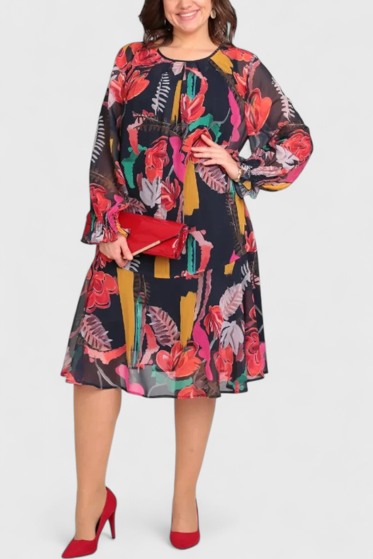 Annegret Φόρεμα Floral Midi με Μακριά Μανίκια και Ρευστή Γραμμή