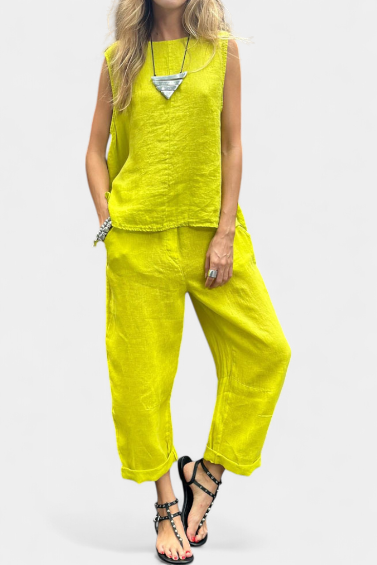 Leona Αμάνικο Σετ με Γιλέκο και Παντελόνι από Βαμβάκι και Λινό