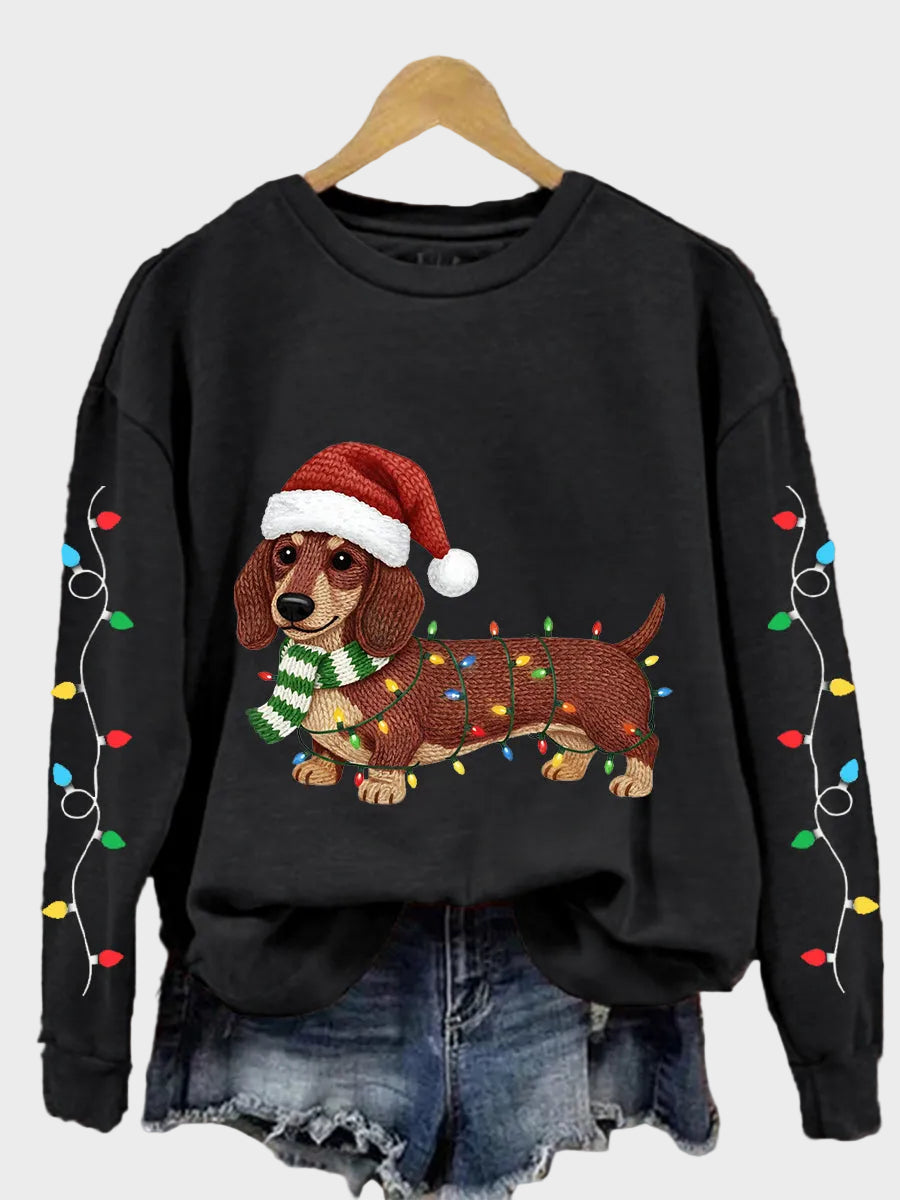 Ella| Γυναικείο Casual Φούτερ με Μοτίβο Dachshund και Χριστουγεννιάτικα Λαμπάκια