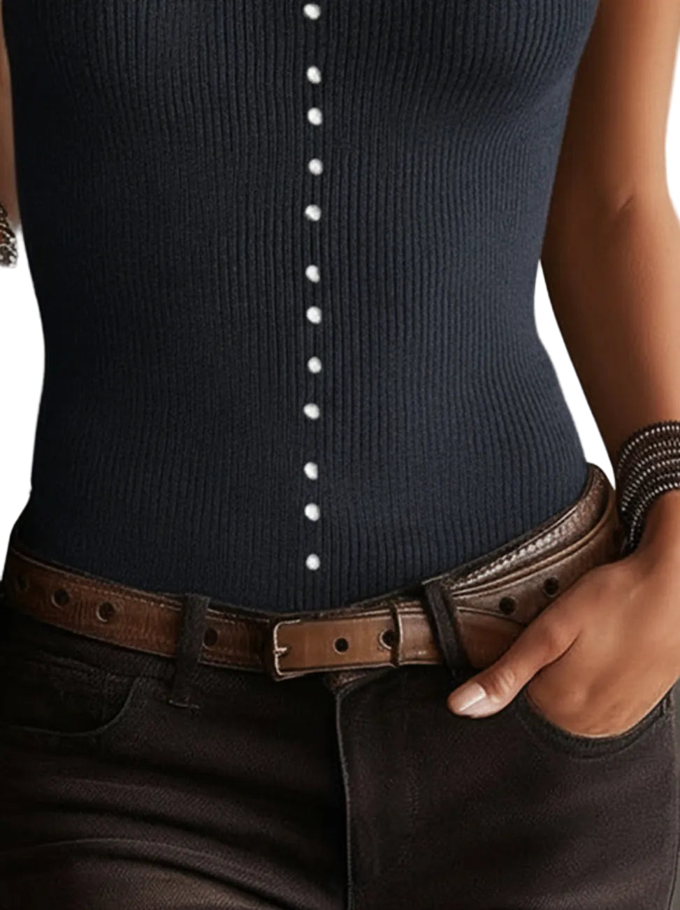 Giselle - Γκρι Ριμπ Πλεκτό Αμάνικο Γιλέκο με Λεπτομέρειες από Πέρλες στα Κουμπιά (Gray Ribbed Knit Sleeveless Vest With Pearl Button Detailing)