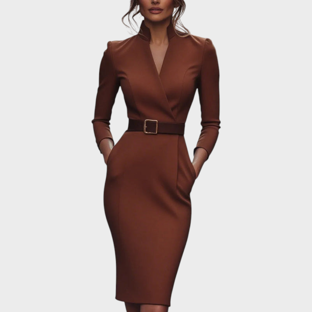 Tricia | Εκλεπτυσμένο Μαύρο Φόρεμα με Ζώνη και Μανδαρινό Γιακά