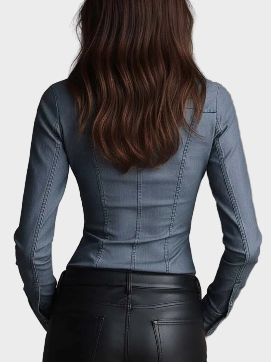 Tencel Εφαρμοστό Τζιν Πουκάμισο με Σούρες στη Μέση