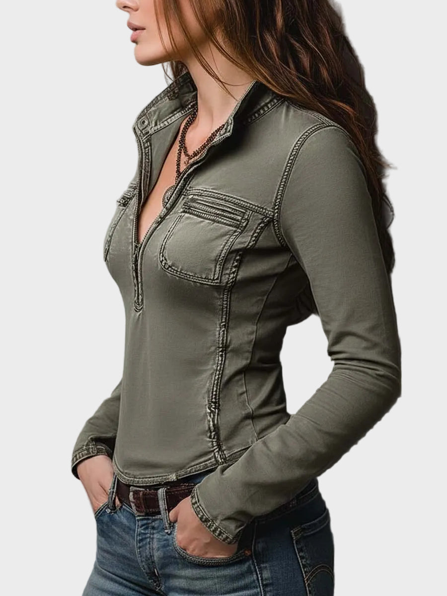 Gina| Slim Fit Western Utility Πλυμένο Πράσινο Top με Φερμουάρ