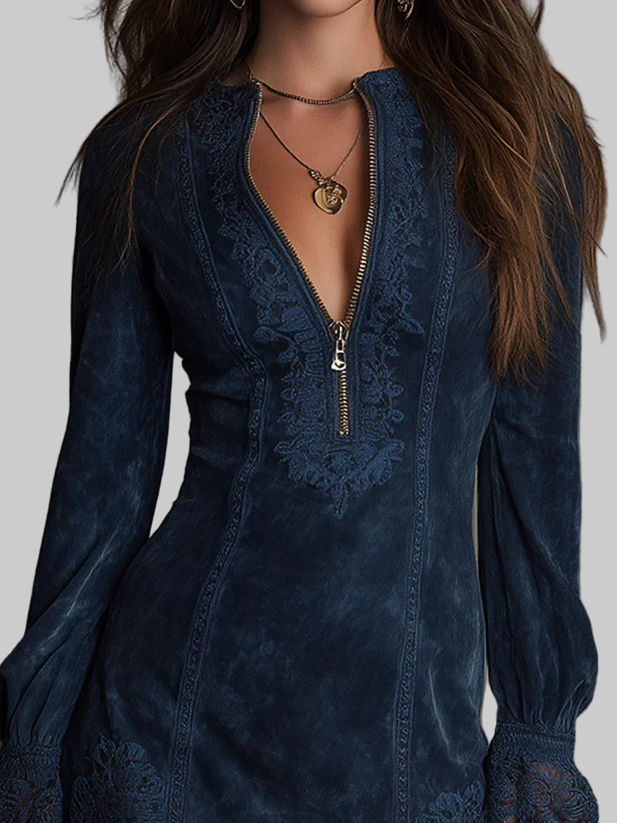 Jasmine – Μπλε Σουέντ Μίνι Φόρεμα με Δαντέλα