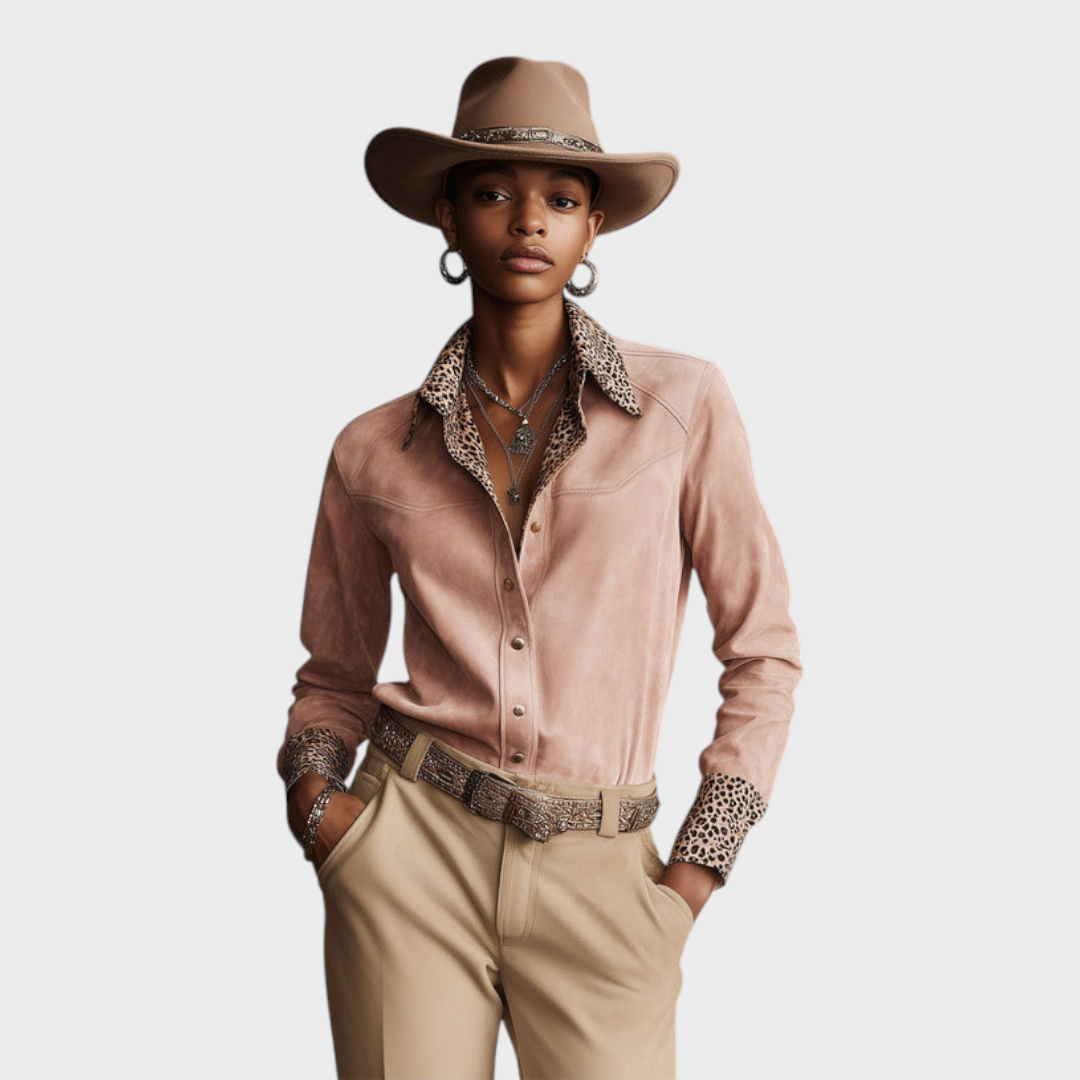 Macey | Δυτική Ρετρό Λεοπάρ Γυναικεία Μπλούζα Ροζ Ψεύτικης Δερματίνης με Μακριά Μανίκια