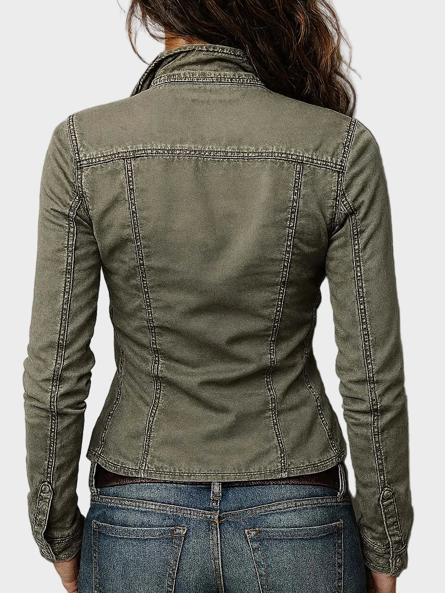 Gina| Slim Fit Western Utility Πλυμένο Πράσινο Top με Φερμουάρ