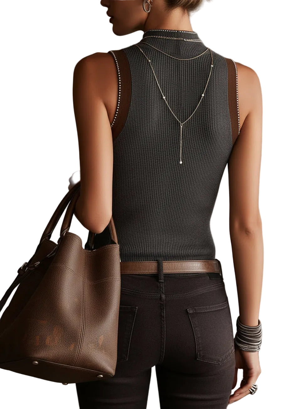 Giselle - Γκρι Ριμπ Πλεκτό Αμάνικο Γιλέκο με Λεπτομέρειες από Πέρλες στα Κουμπιά (Gray Ribbed Knit Sleeveless Vest With Pearl Button Detailing)