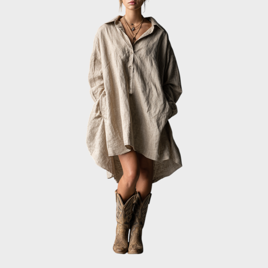 Λαυρίκη | Γυναικεία Μόδα Χαλαρό Μίνι Φόρεμα Από Βαμβάκι Και Λινό Με Κουμπιά MDA1854H2Y