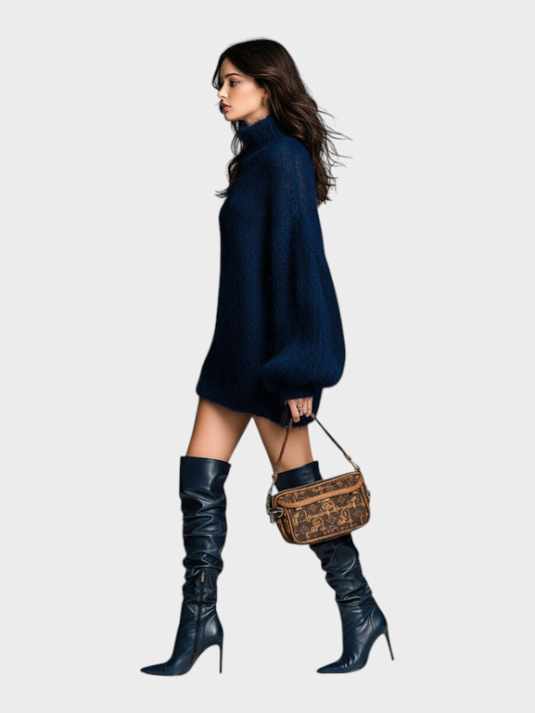 Franziska | Κομψό, κομψό, ναυτικό μπλε, με ψηλό γιακά, oversized, μακριά μανίκια, μίνι φόρεμα από πλεκτό μοχέρ