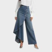 Henny | Γυναικείο Μόδα Υψηλή Μέση Ασύμμετρο Κουμπί Στρωματοποιημένα Φαρδιά Τζιν Παντελόνια