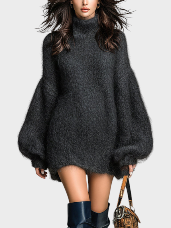 Franziska | Κομψό, κομψό, ναυτικό μπλε, με ψηλό γιακά, oversized, μακριά μανίκια, μίνι φόρεμα από πλεκτό μοχέρ