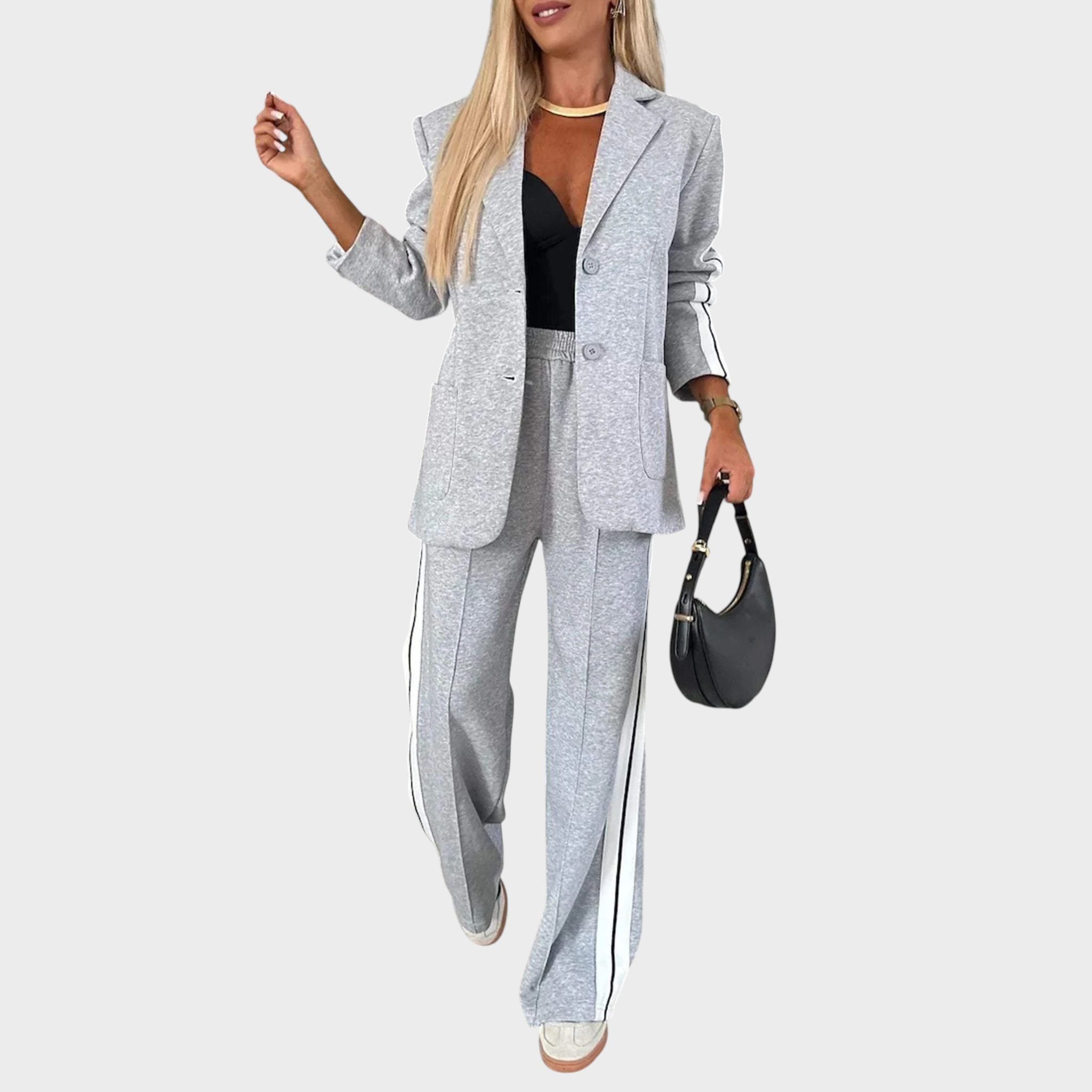 MAELYN™ - Κομψό σετ με ριγέ σακάκι-παλτό και παντελόνι με φαρδιά μπατζάκια