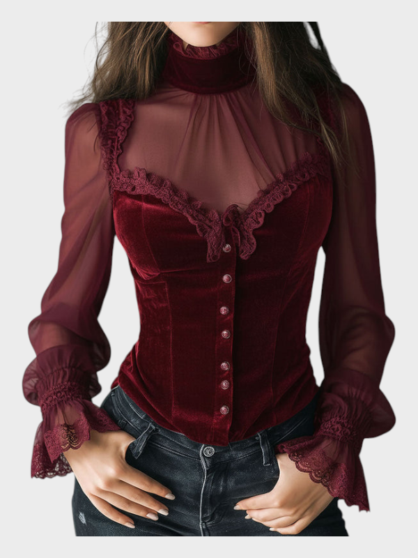 Jewel | Γοτθική Μπλούζα Κορσέ από Μαύρο Βελούδο με Δαντελένιο Τελείωμα και Διαφανή Μανίκια