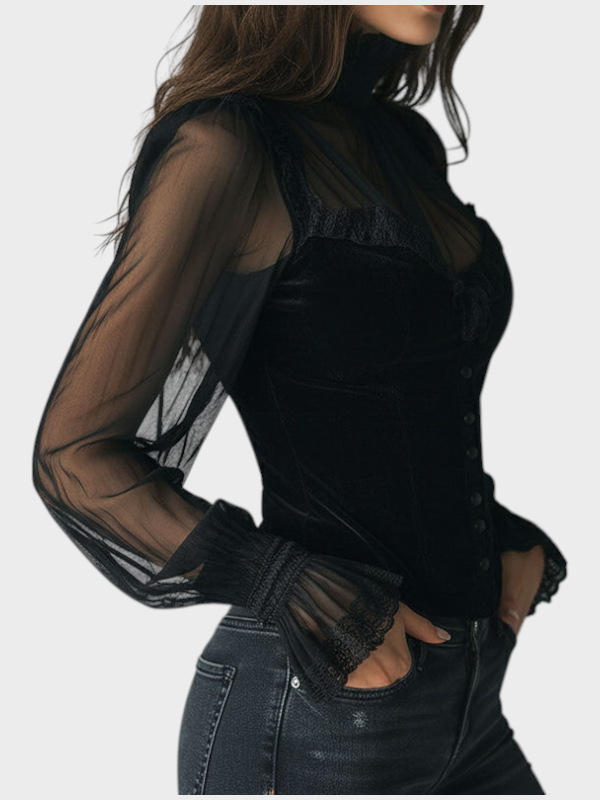 Jewel | Γοτθική Μπλούζα Κορσέ από Μαύρο Βελούδο με Δαντελένιο Τελείωμα και Διαφανή Μανίκια
