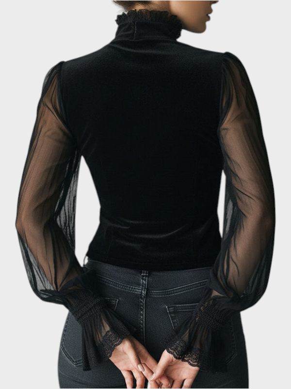 Jewel | Γοτθική Μπλούζα Κορσέ από Μαύρο Βελούδο με Δαντελένιο Τελείωμα και Διαφανή Μανίκια