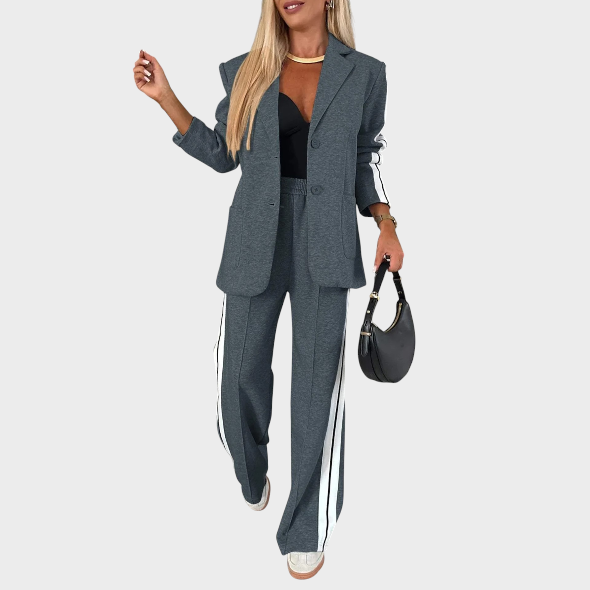 MAELYN™ - Κομψό σετ με ριγέ σακάκι-παλτό και παντελόνι με φαρδιά μπατζάκια