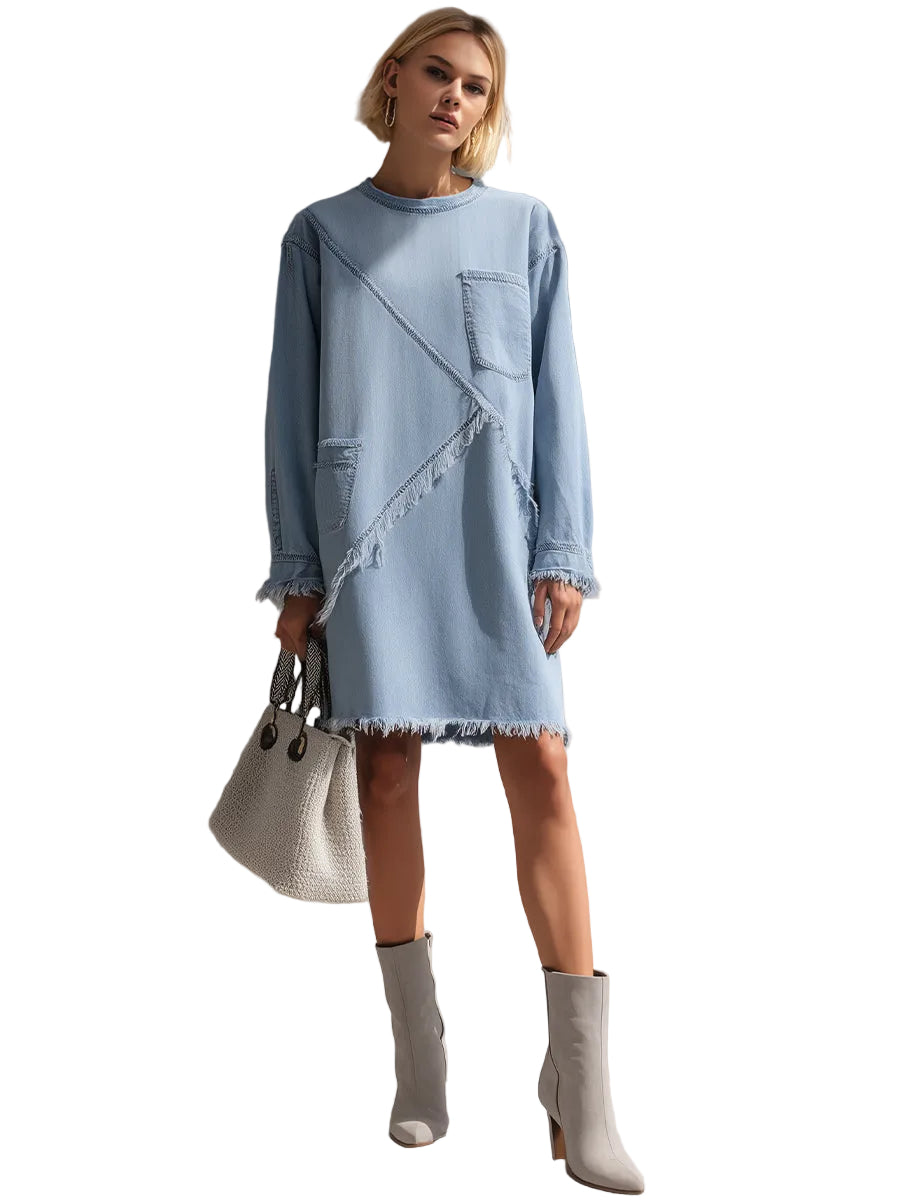 Annie - Light Blue Μίνι Τζιν Φόρεμα με Ξεφτισμένο Τελείωμα (Light Blue Raw-Edge Denim Mini Dress)