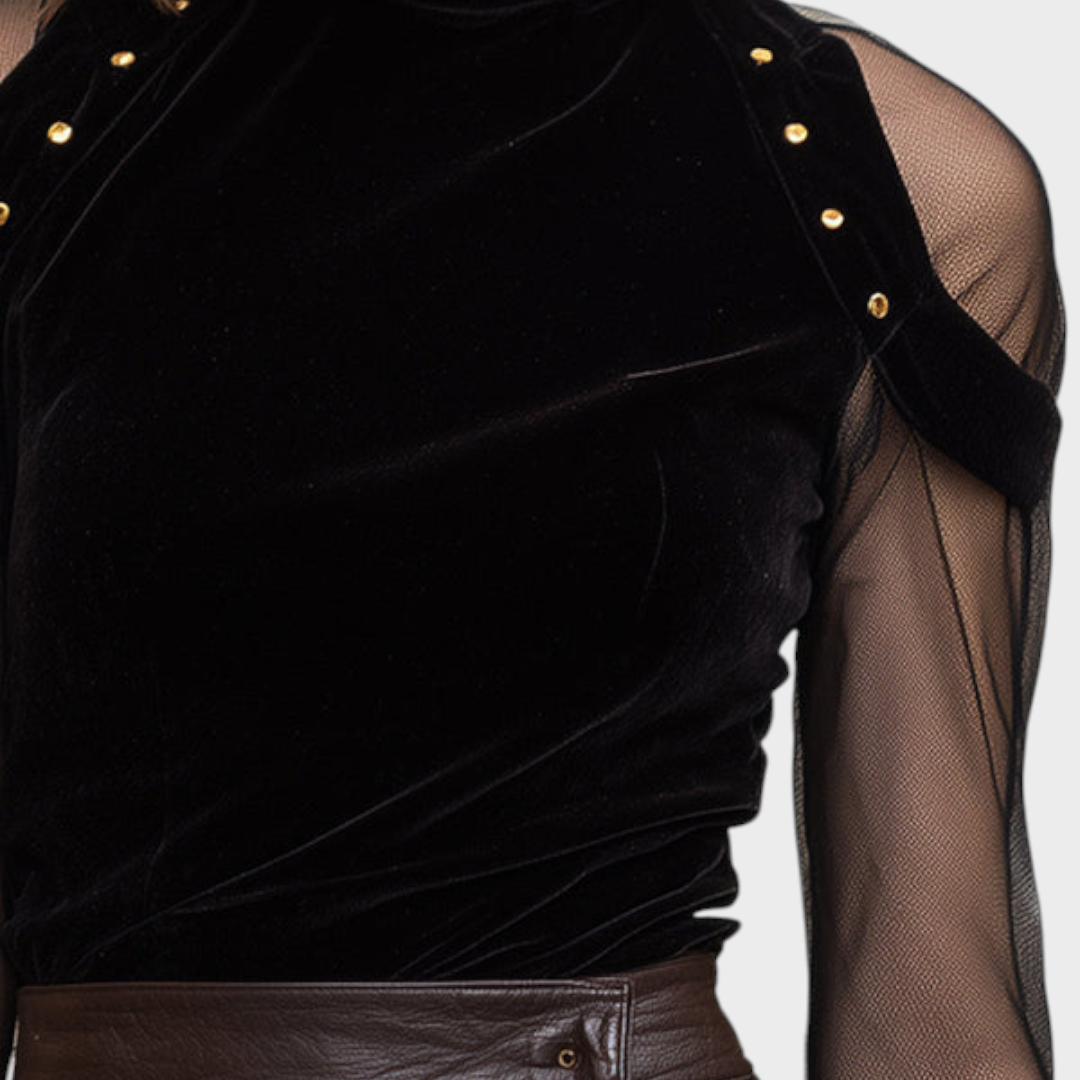 Angely | Μαύρη Βελούδινη Μπλούζα με Δίχτυ και Λεπτομέρειες Χρυσών Στυλ