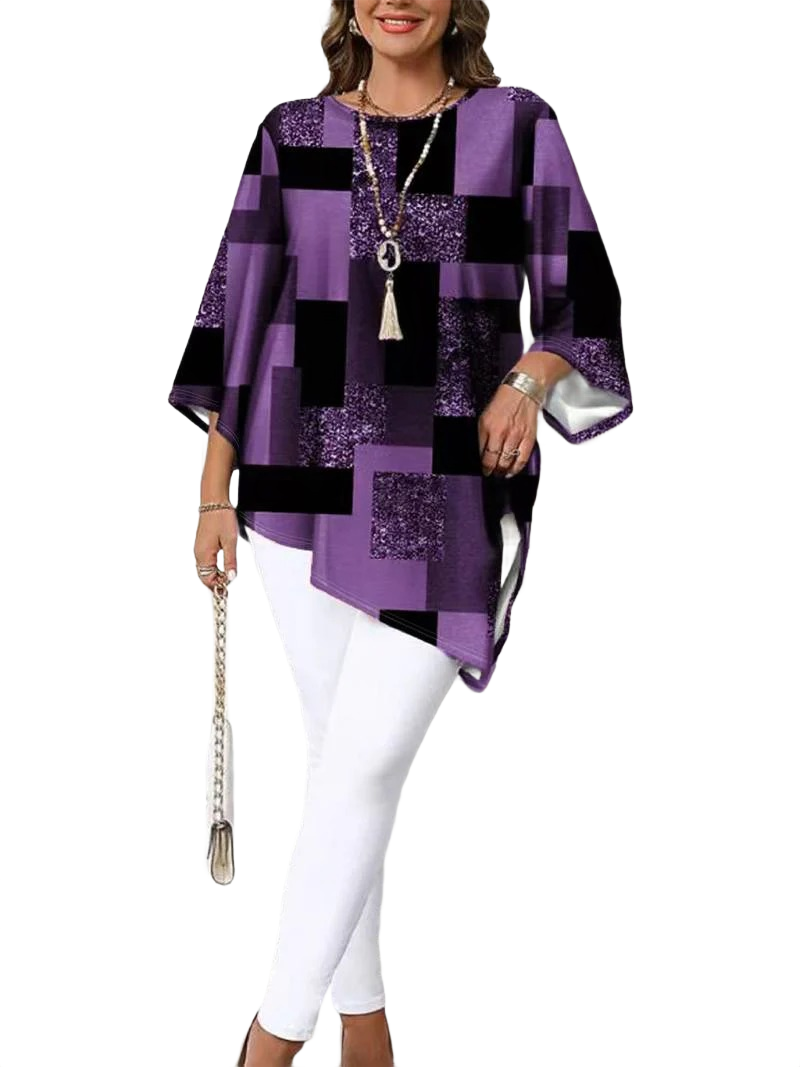 Nurit - Oversized Καρό Μπλούζα με Σχέδιο και Κοντά Μανίκια (Checkered Oversized Printed Blouse With Short Sleeve)