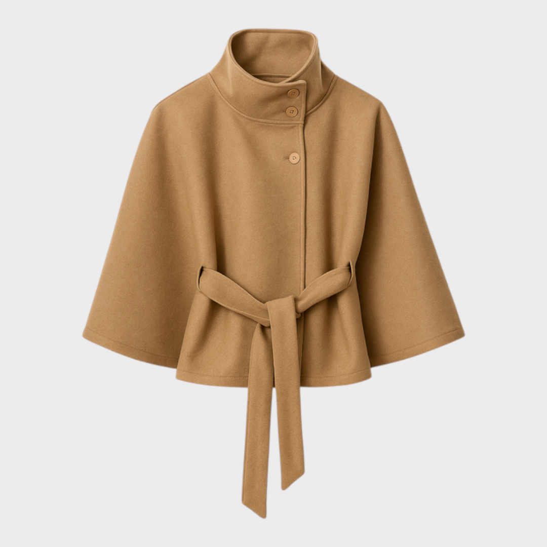Γυναικείο καμηλό παλτό-κάπα Shayla με ψηλό λαιμό και ζώνη