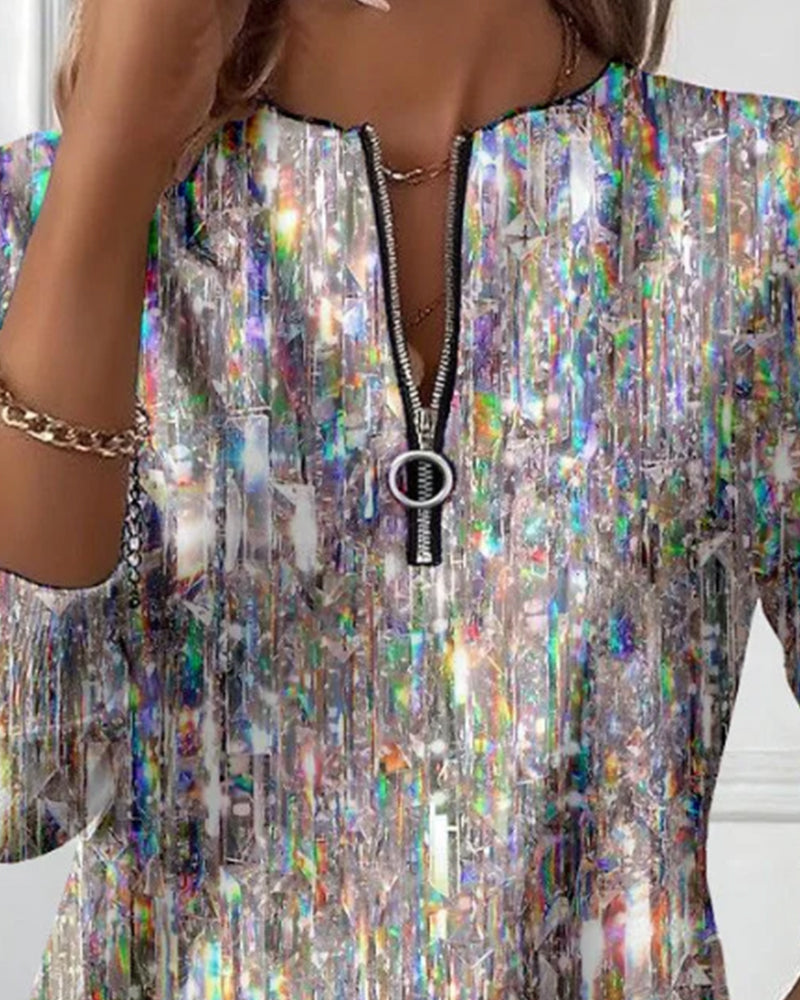 Linda | Στάμπα Φούτερ με Μακριά Μανίκια και Μισό Φερμουάρ