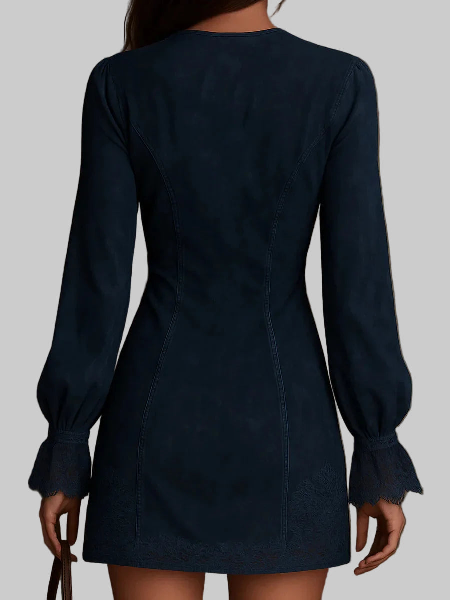 Jasmine – Μπλε Σουέντ Μίνι Φόρεμα με Δαντέλα