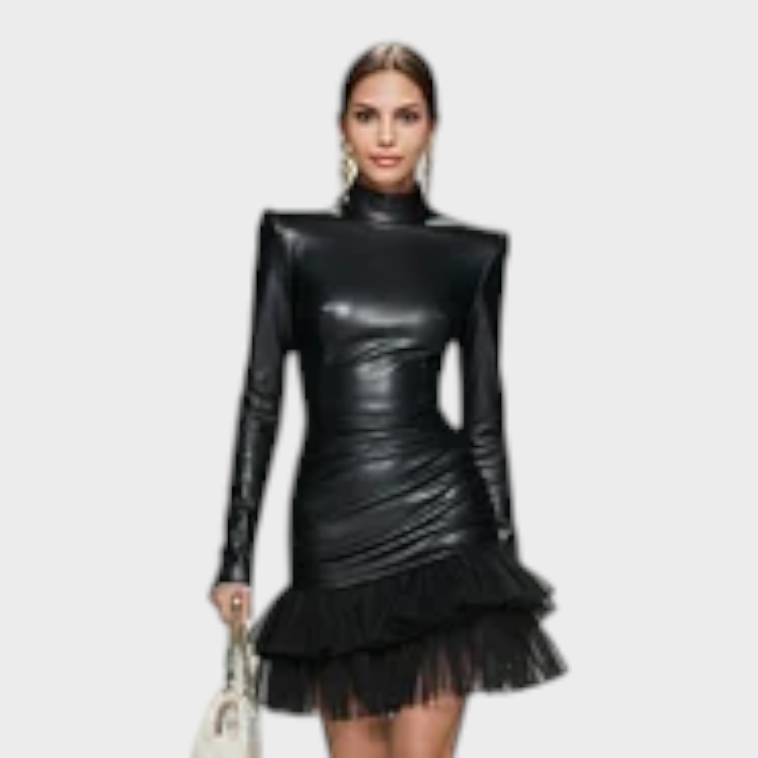 Pixie | Women's Fashion Black PU Leather Mock Neck Tulle Hem Long Sleeve Mini Dress