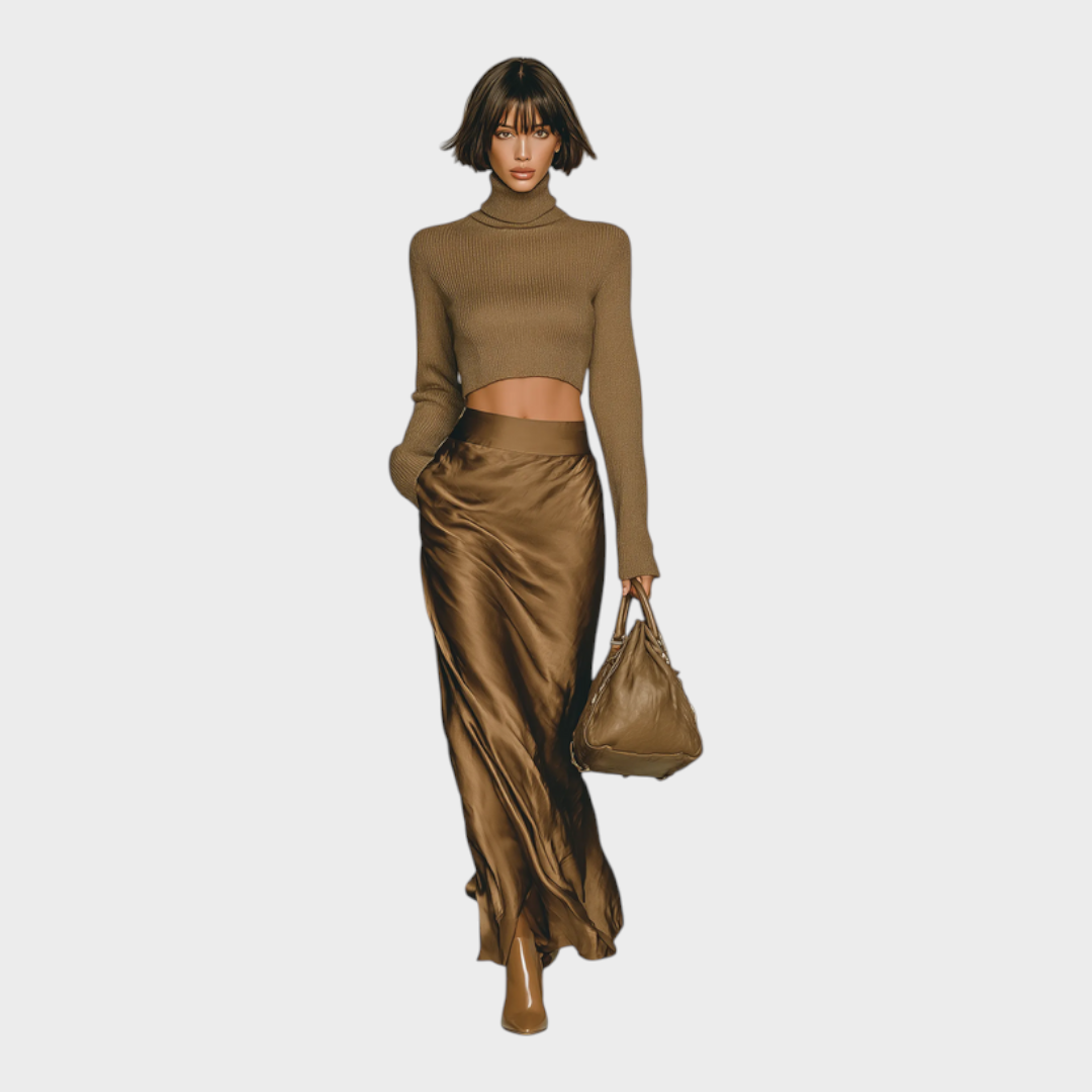 Amisha | Γυναικείο Μοντέρνο Χρυσό-καφέ Πουλόβερ Με Υψηλό Λαιμό και Μακριά Μανίκια, Συνδυασμένο Με Σατέν Μίνι Φούστα MDA0982L5AN