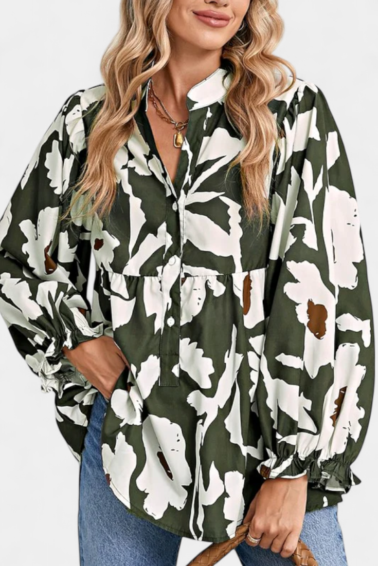 Filomena Μπλούζα με Μισό Κουμπιά, Φουσκωτά Μανίκια και Αφηρημένο Φλοράλ Σχέδιο