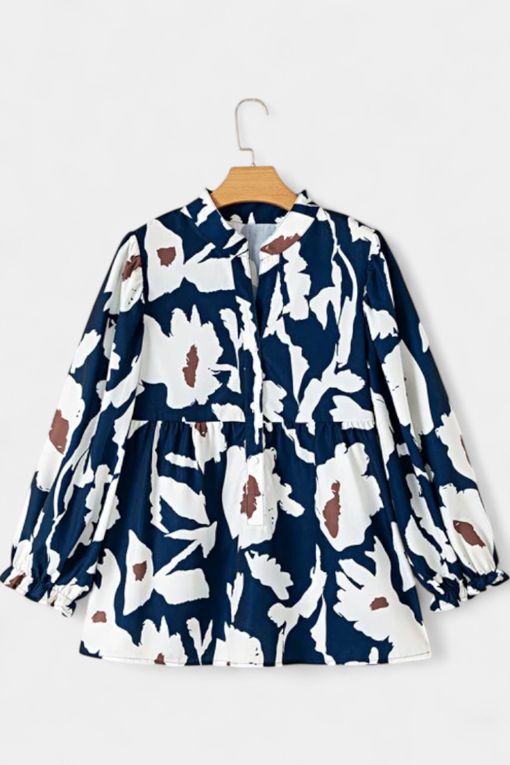 Filomena Μπλούζα με Μισό Κουμπιά, Φουσκωτά Μανίκια και Αφηρημένο Φλοράλ Σχέδιο