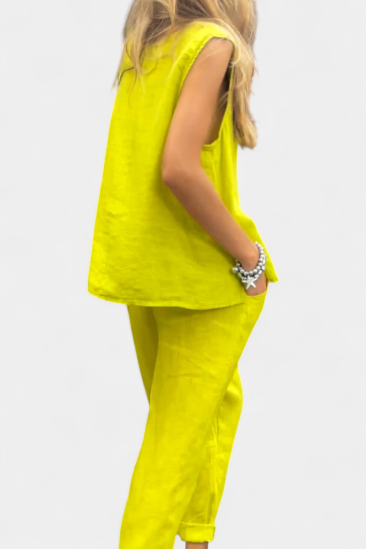 Leona Αμάνικο Σετ με Γιλέκο και Παντελόνι από Βαμβάκι και Λινό